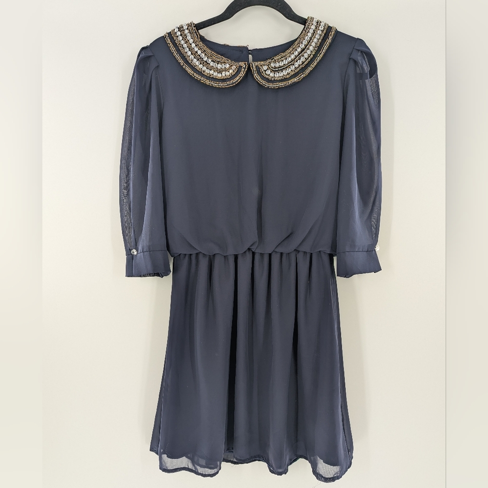 Jodi Kristopher Beaded Peter Pan Collar Chiffon Dress Navy Blue Medium Cocktail
